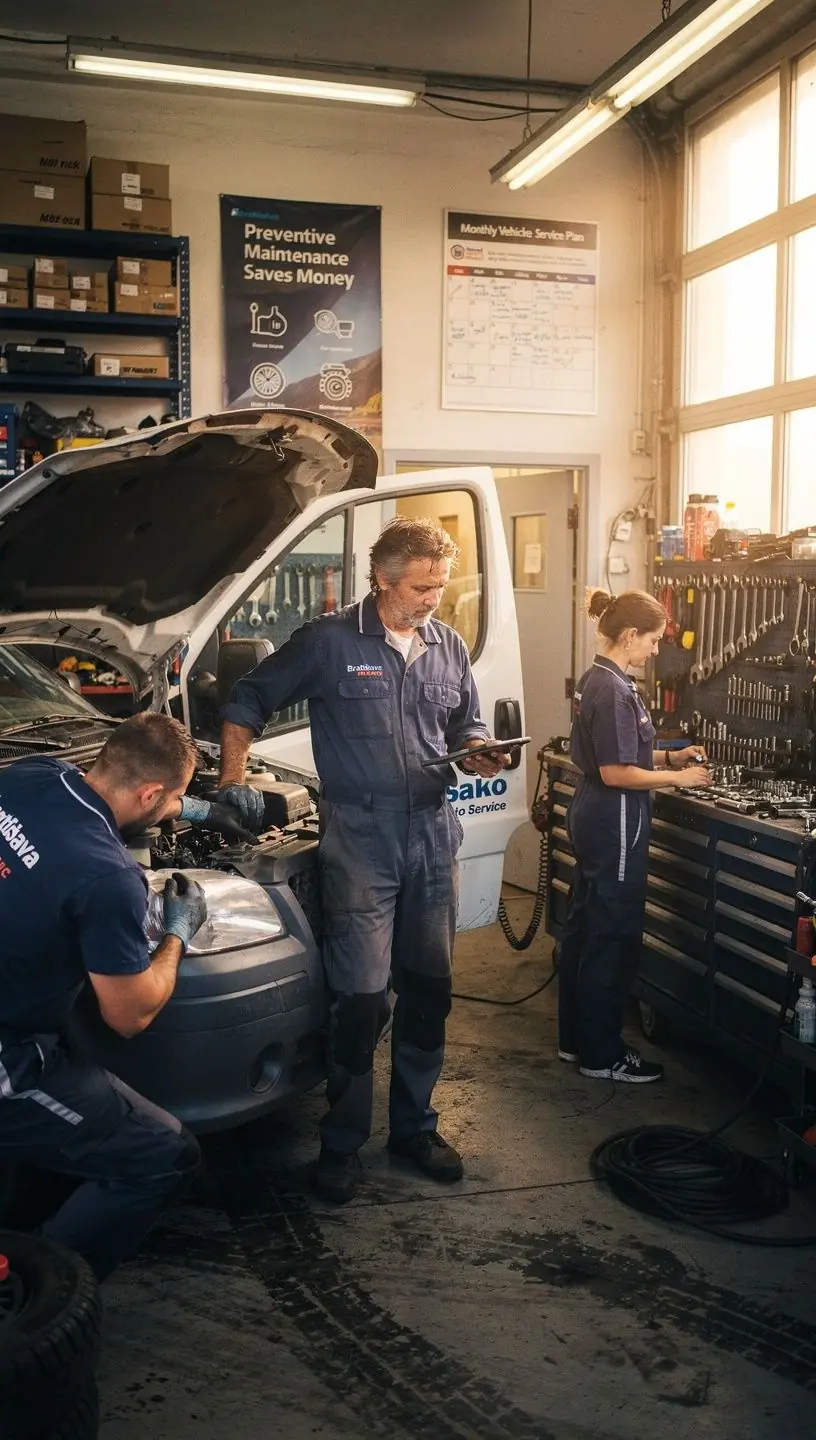 Zamestnanec opravujúci brzdy firemnej dodávky podľa preventívneho plánu údržby.